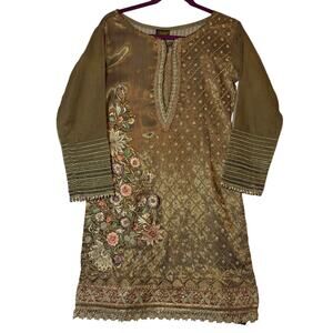 Mehndi Creations Gold Embroidered Dress Floral Beaded Indian Women's Size M